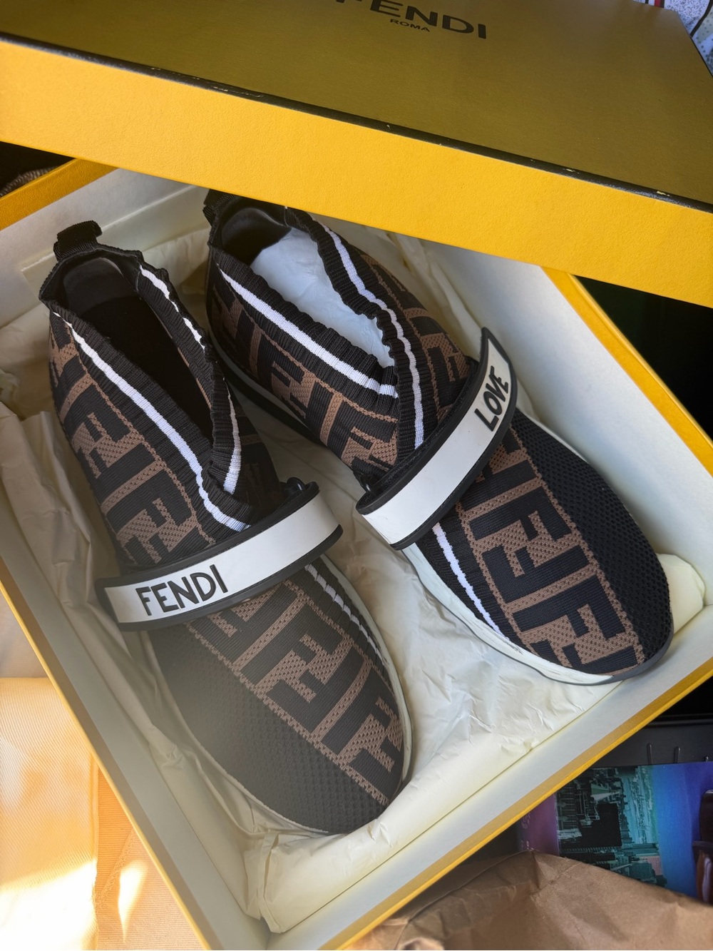 Fendi  Black & Brown FF Logo Slip-On Sneakers